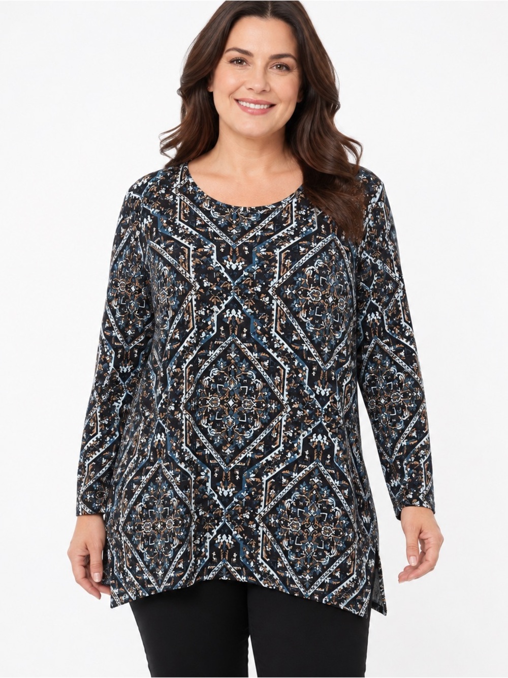 Chico’s Blue Medallion Print Sharkbite Tunic Top Size 3 XL